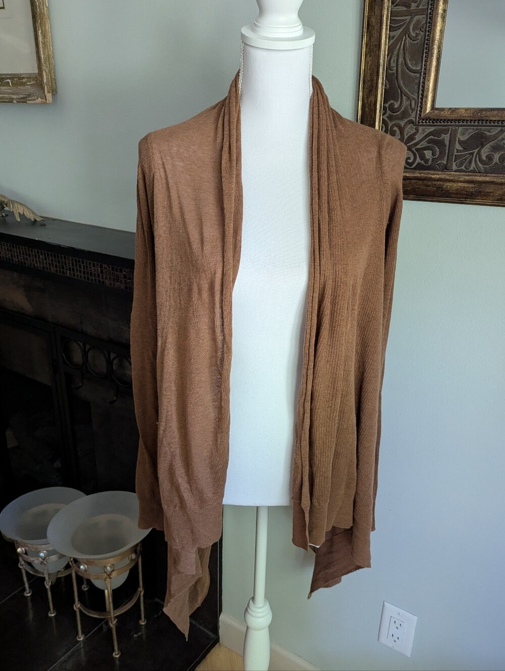 VPL Women's Small Brown Open Front Cardigan Mixed Knit Sweater Semi Sheer